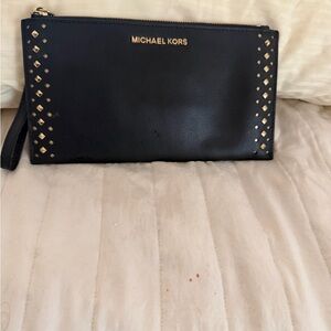 Michael Kors Black Leather Studded Wristlet Pouch with Gold Logo